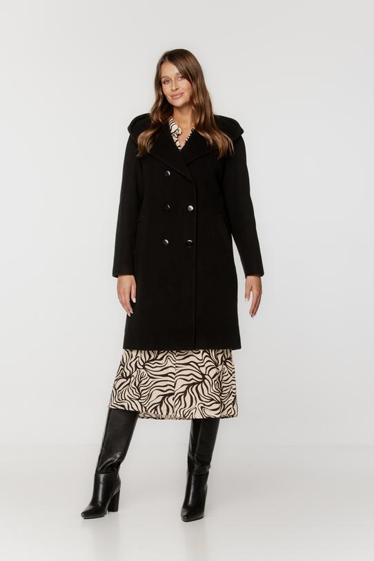 Wizualizacja Ocieplany czarny płaszcz z wełną o fakturze jodełki