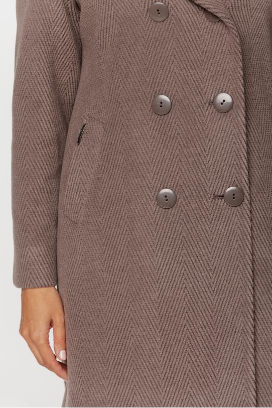 Ocieplany szarobrązowy płaszcz z wełną o fakturze jodełki - 4