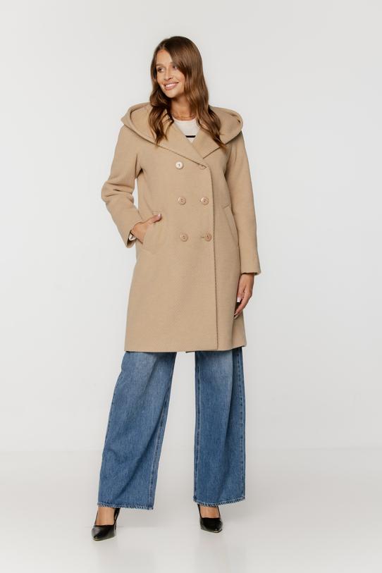 Wizualizacja Ocieplany beżowy płaszcz z wełną o fakturze jodełki