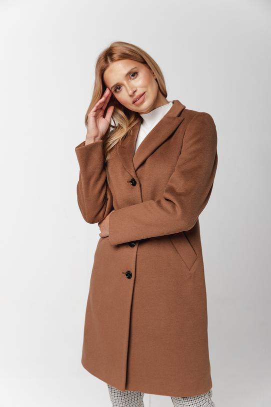 Jasnobrązowy wełniany płaszcz w klasycznej formie - 2
