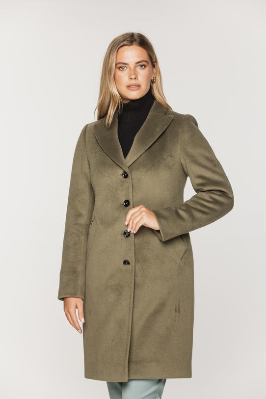Oliwkowy wełniany płaszcz w klasycznej formie - 2
