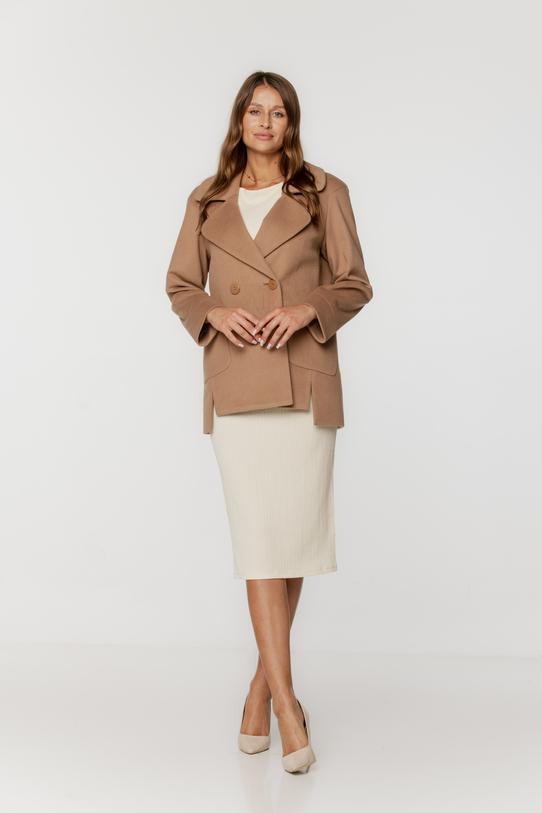 Wizualizacja Krótki dwurzędowy płaszcz z wełną i alpaką w odcieniu toffi