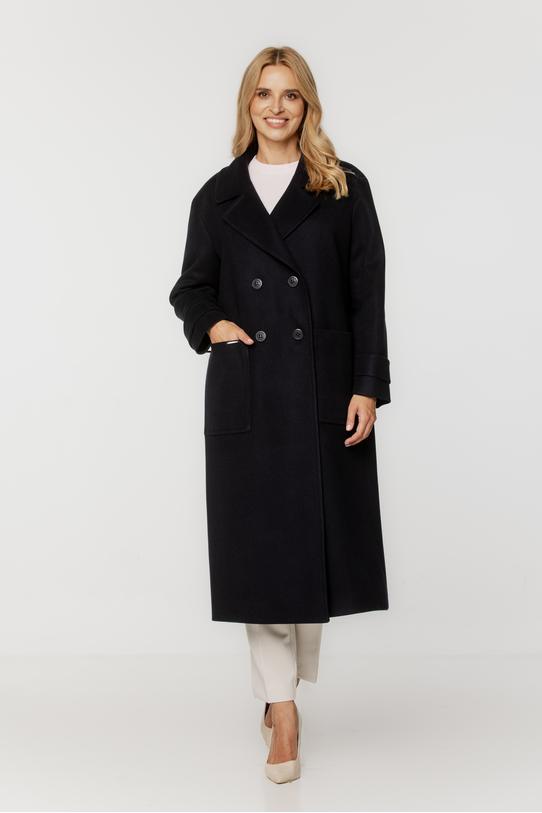 Wizualizacja Długi granatowy płaszcz o szerokim prostym kroju