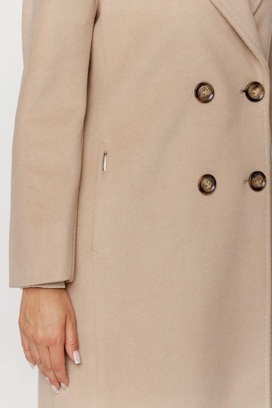 Wełniany dwurzędowy płaszcz jasnobeżowy o prostym kroju - 3