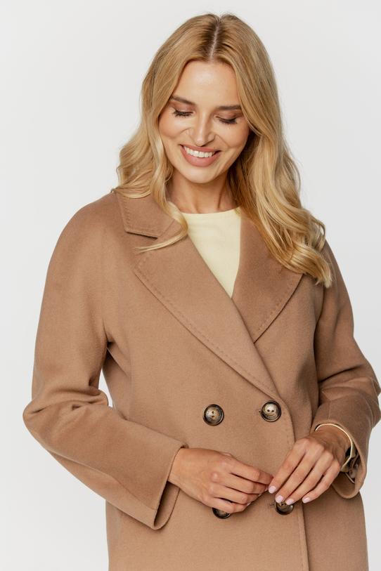 Wełniany dwurzędowy płaszcz toffi o prostym kroju - 2