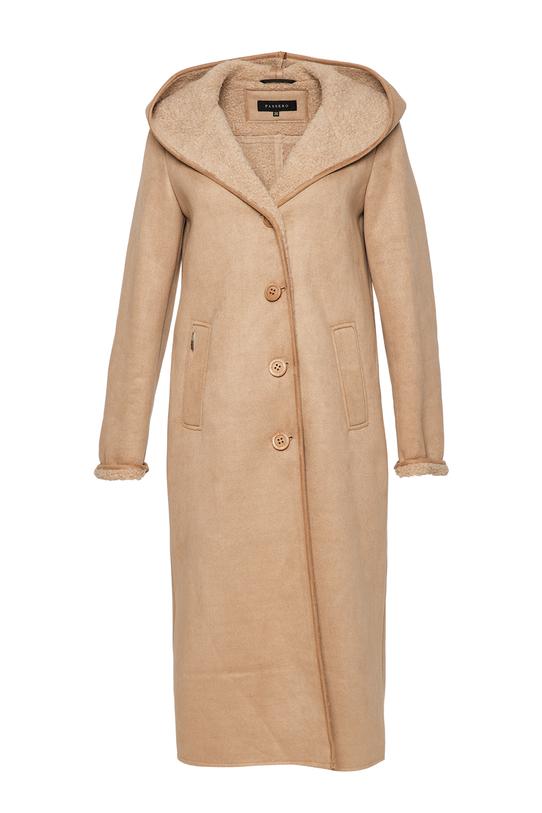 Ponadczasowy długi kożuszek z kapturem w kolorze beżowym - 1