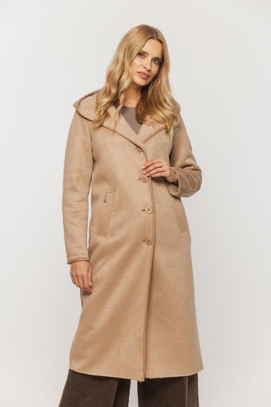 Ponadczasowy długi kożuszek z kapturem w kolorze beżowym - 2