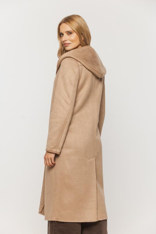 Ponadczasowy długi kożuszek z kapturem w kolorze beżowym - 3