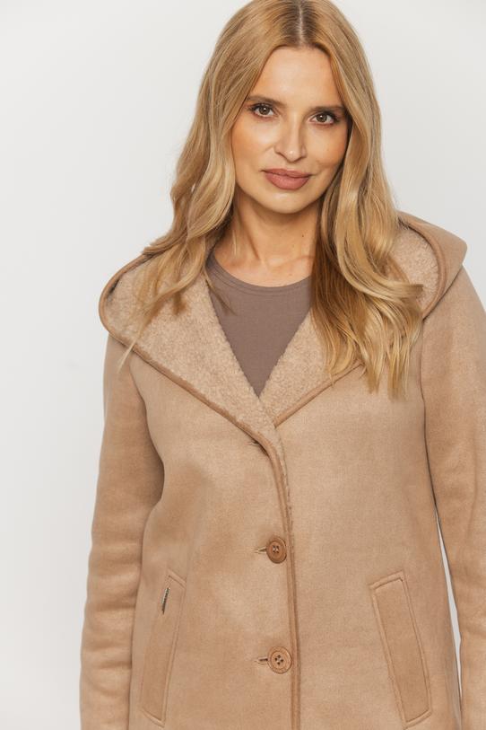 Ponadczasowy długi kożuszek z kapturem w kolorze beżowym - 4