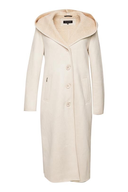 Ponadczasowy długi kożuszek z kapturem w kolorze śmietankowym - 1