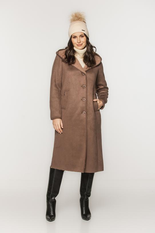 Wizualizacja Ponadczasowy długi kożuszek z kapturem w kolorze kakaowym