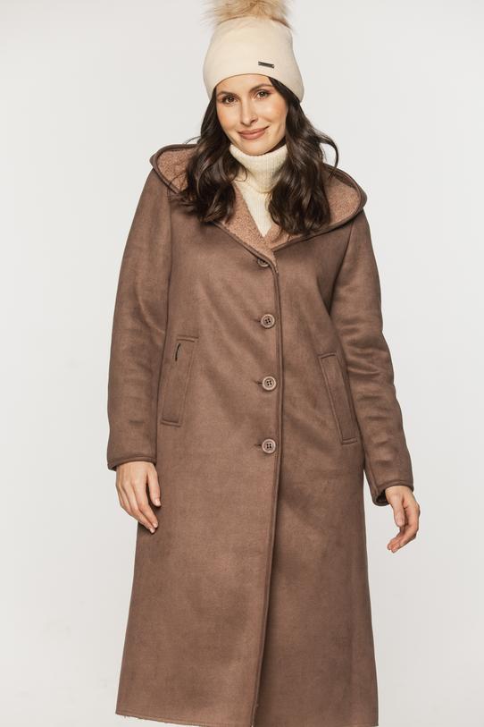 Ponadczasowy długi kożuszek z kapturem w kolorze kakaowym - 3