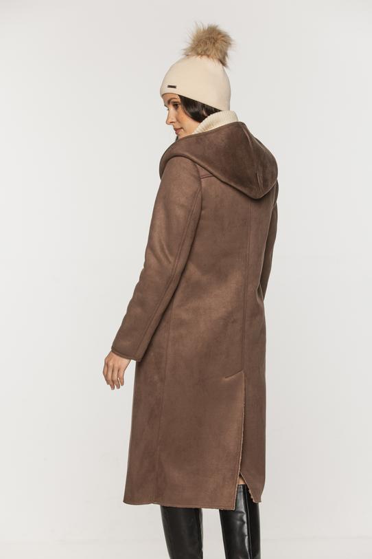 Ponadczasowy długi kożuszek z kapturem w kolorze kakaowym - 4
