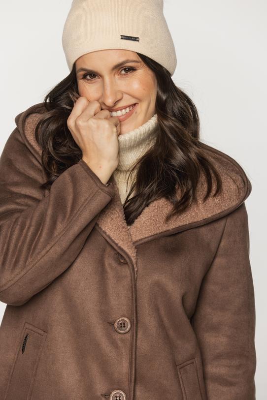 Ponadczasowy długi kożuszek z kapturem w kolorze kakaowym - 5