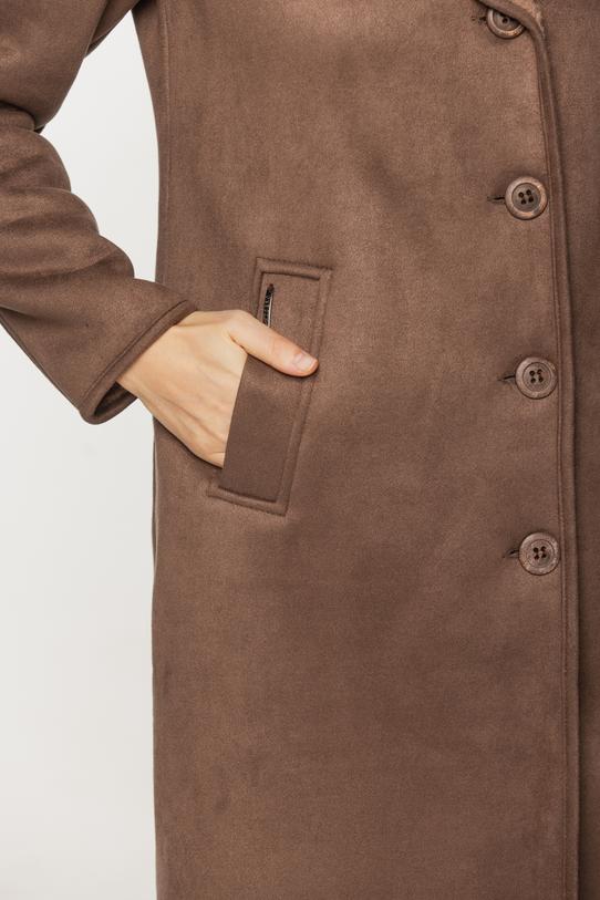 Ponadczasowy długi kożuszek z kapturem w kolorze kakaowym - 6
