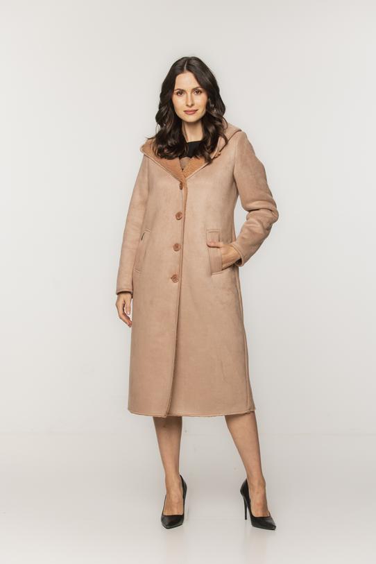 Wizualizacja Ponadczasowy długi kożuszek z kapturem w kolorze biszkoptowym