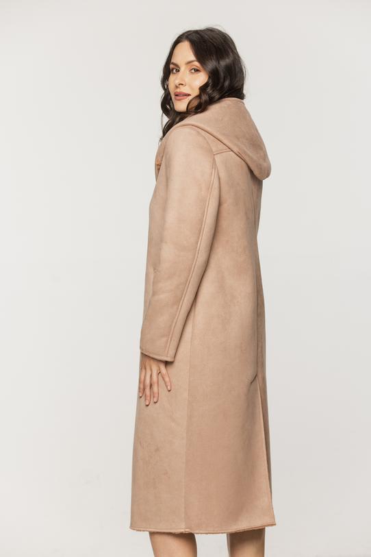Ponadczasowy długi kożuszek z kapturem w kolorze biszkoptowym - 5