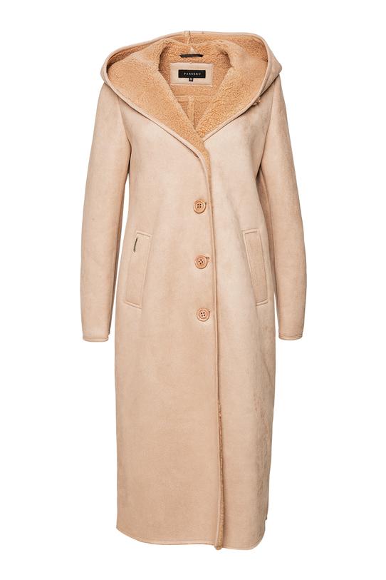 Ponadczasowy długi kożuszek z kapturem w kolorze biszkoptowym - 1