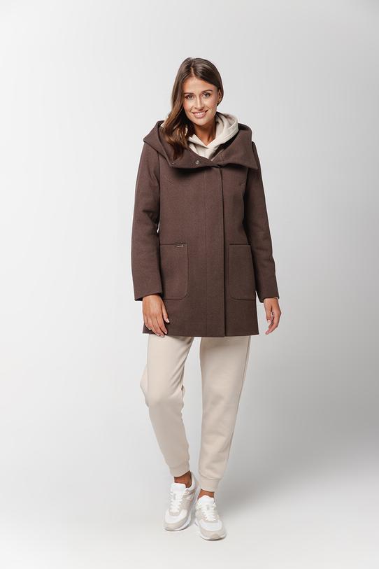 Wizualizacja Brązowy ocieplany płaszcz ze stójką i  kapturem