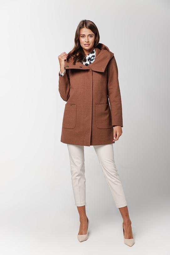 Wizualizacja Karmelowy ocieplany płaszcz ze stójką i  kapturem