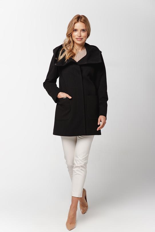 Wizualizacja Czarny ocieplany płaszcz ze stójką i  kapturem