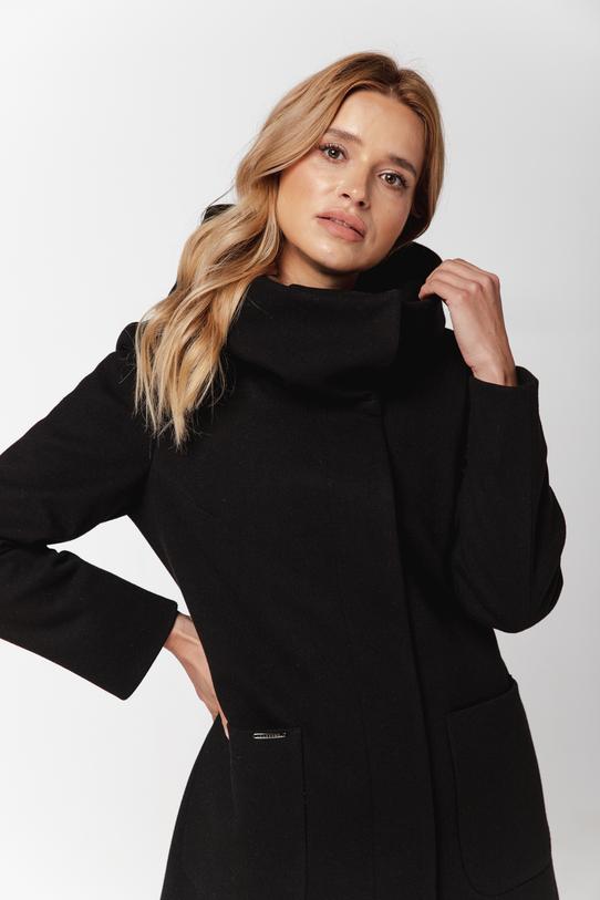 Czarny ocieplany płaszcz ze stójką i  kapturem - 2