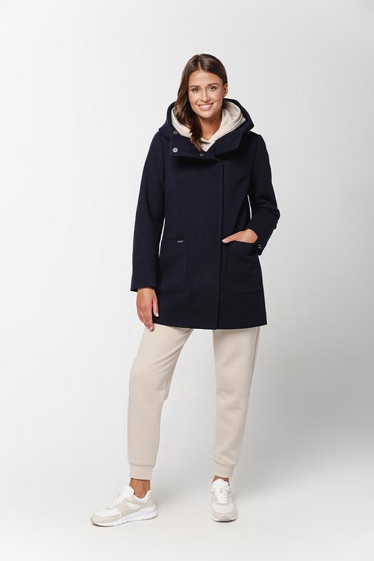 Wizualizacja Granatowy ocieplany płaszcz ze stójką i  kapturem