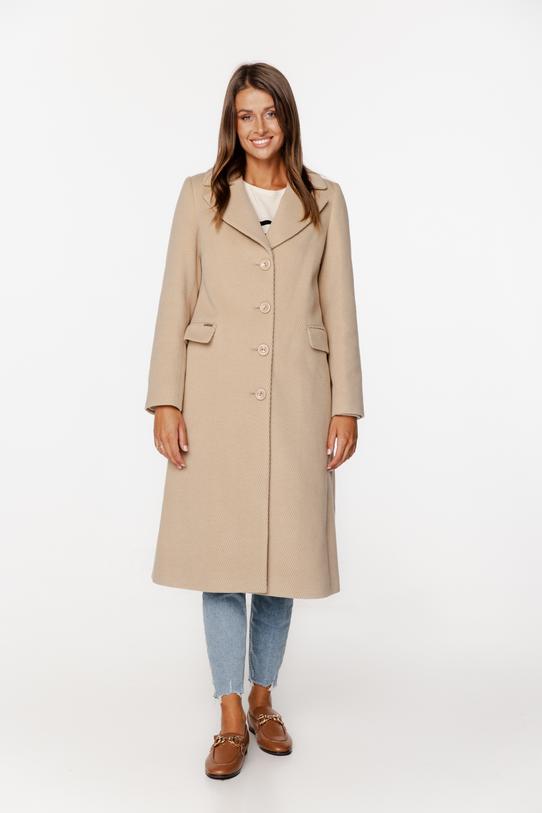 Wizualizacja Wełniany beżowy płaszcz z patkami i zapięciem na guziki