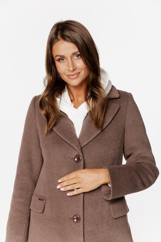Wełniany szarobrązowy płaszcz z patkami i zapięciem na guziki - 1