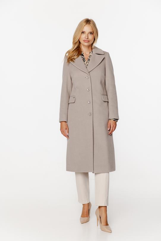 Wizualizacja Wełniany szary płaszcz z patkami i zapięciem na guziki