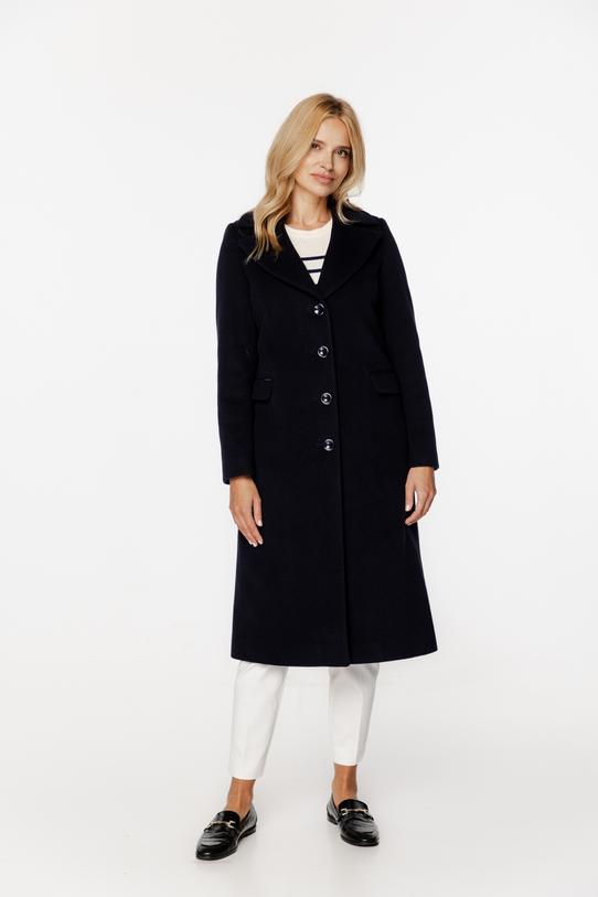 Wizualizacja Wełniany granatowy płaszcz z patkami i zapięciem na guziki