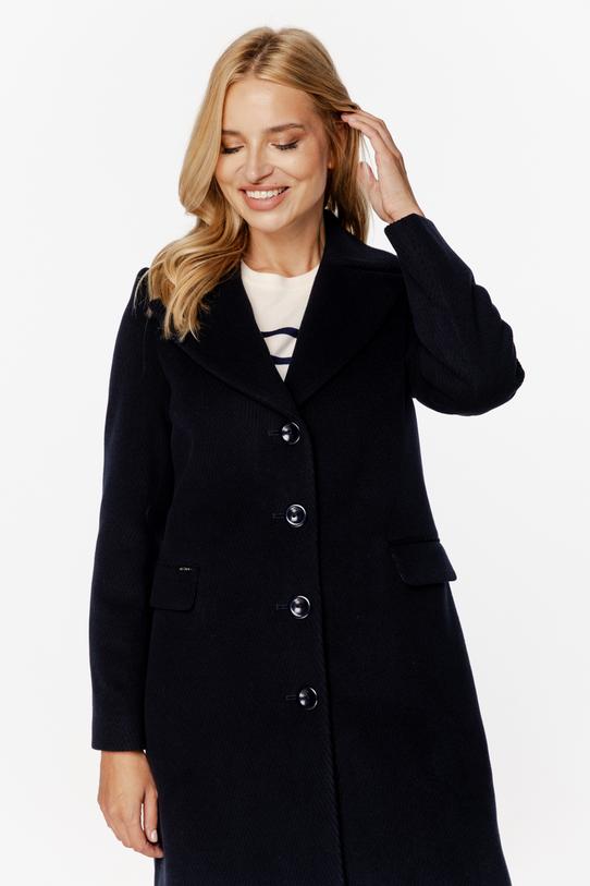 Wełniany granatowy płaszcz z patkami i zapięciem na guziki - 2