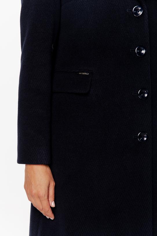 Wełniany granatowy płaszcz z patkami i zapięciem na guziki - 3