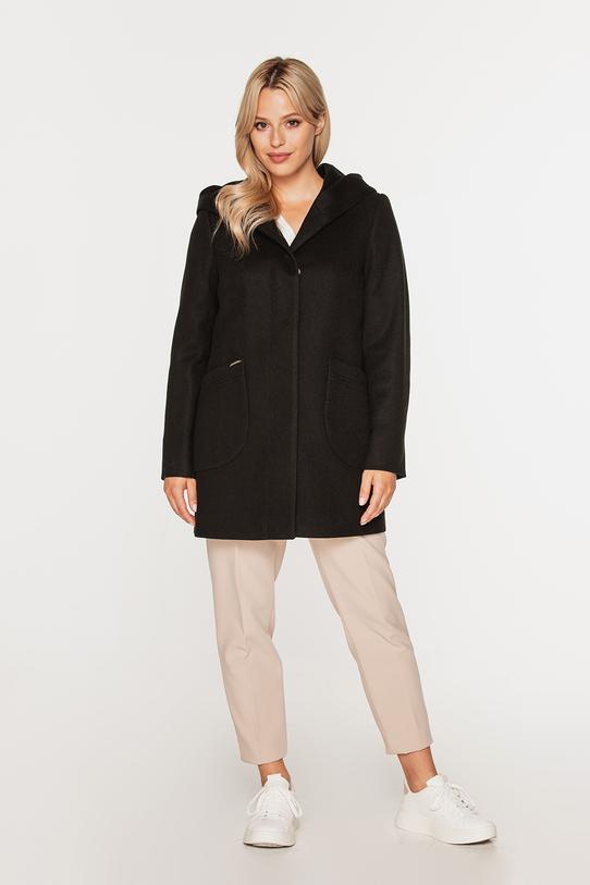 Wizualizacja Krótki czarny płaszcz z kapturem i kieszeniami