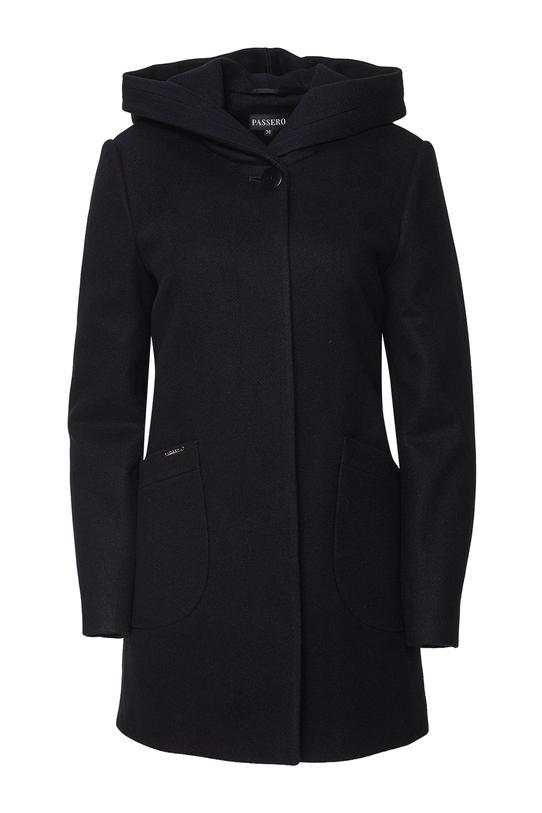 Krótki granatowy płaszcz z kapturem i kieszeniami - 1