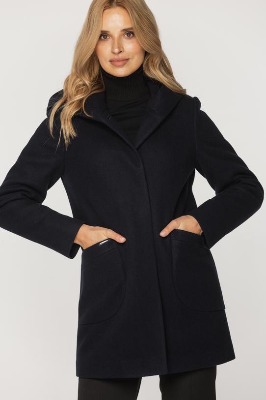Krótki granatowy płaszcz z kapturem i kieszeniami - 2