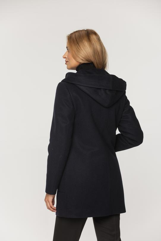 Krótki granatowy płaszcz z kapturem i kieszeniami - 3