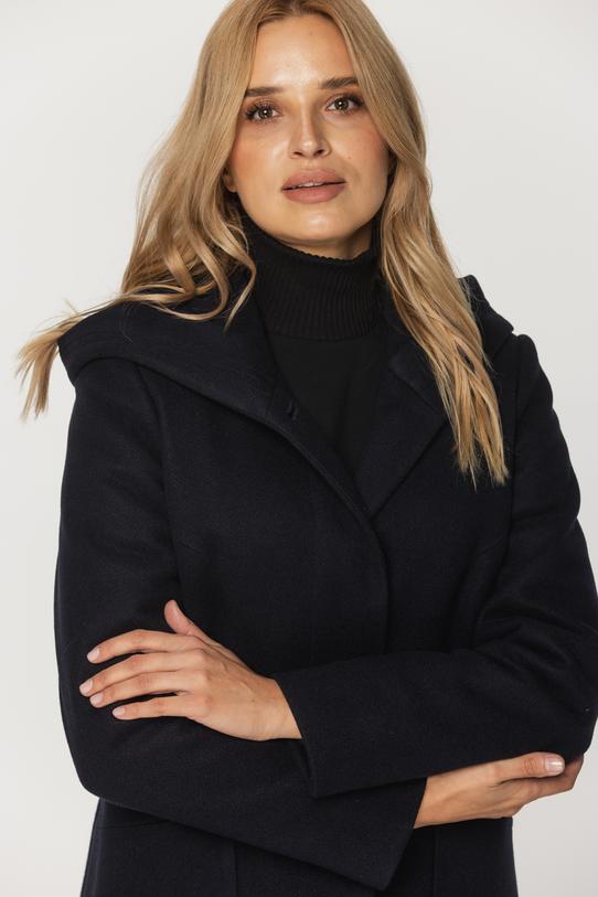 Krótki granatowy płaszcz z kapturem i kieszeniami - 4