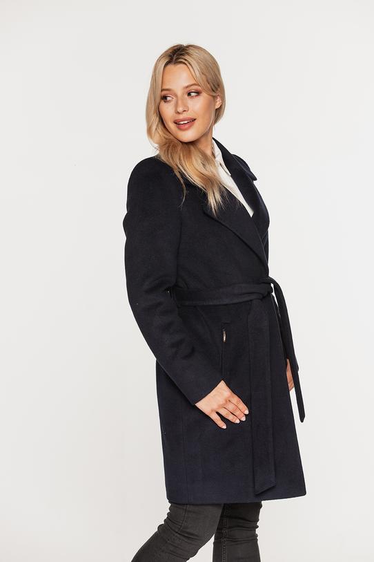 Wizualizacja Wełniany krótki płaszcz granatowy z paskiem w talii