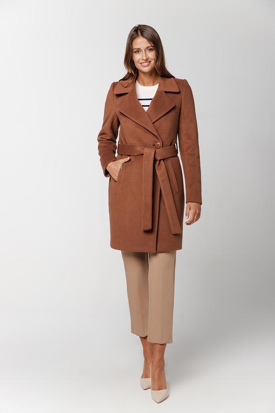 Wizualizacja Wełniany krótki płaszcz brązowy z paskiem w talii