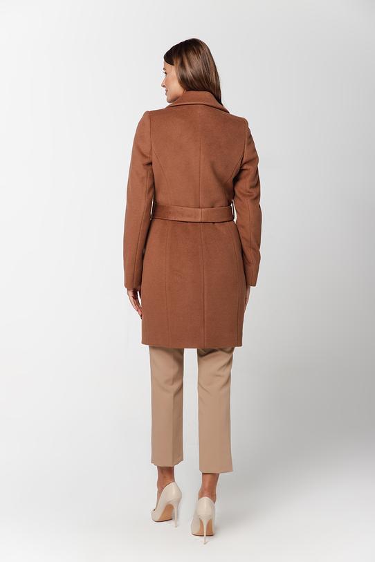 Wełniany krótki płaszcz brązowy z paskiem w talii - 1