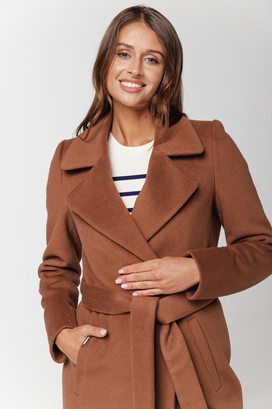 Wełniany krótki płaszcz brązowy z paskiem w talii - 2