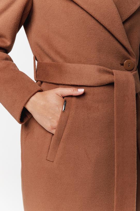 Wełniany krótki płaszcz brązowy z paskiem w talii - 3