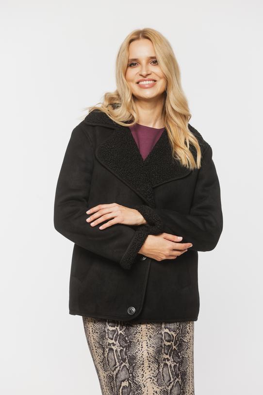 Czarny krótki kożuszek z wykładanym kołnierzem - 2