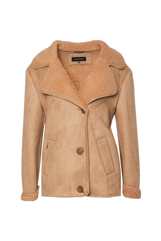 Beżowy krótki kożuszek z wykładanym kołnierzem - 1