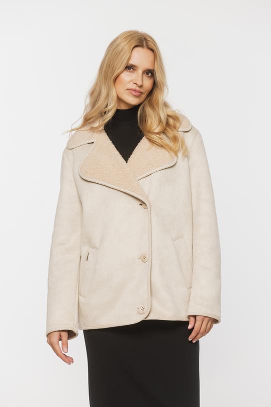 Śmietankowy krótki kożuszek z wykładanym kołnierzem - 2