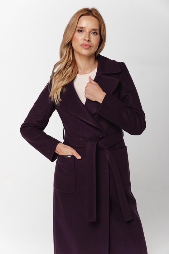 Płaszcz śliwkowy z paskiem i dużymi kieszeniami - 2