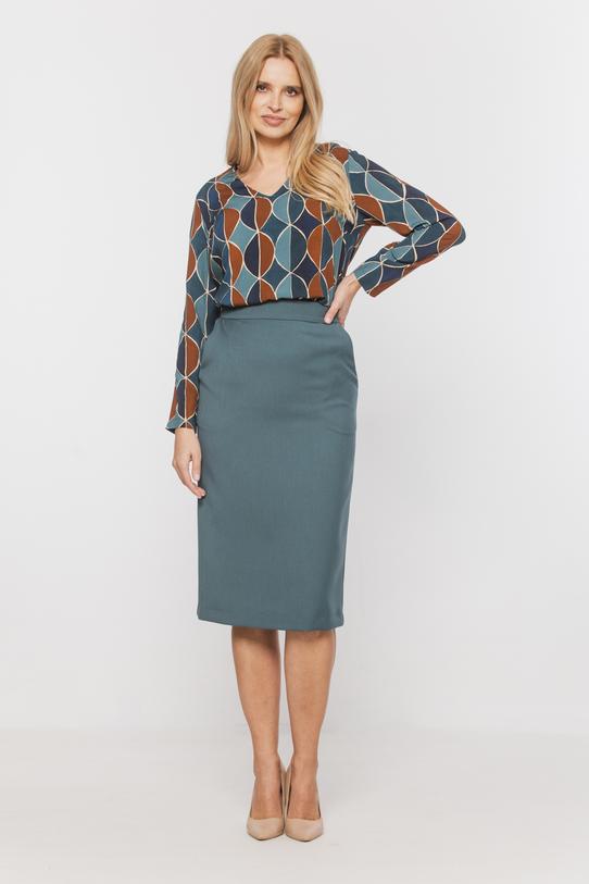 Wizualizacja Prosta spódnica za kolano w odcieniu szałwiowym z rozporkiem