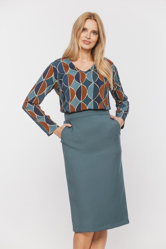 Prosta spódnica za kolano w odcieniu szałwiowym z rozporkiem - 2