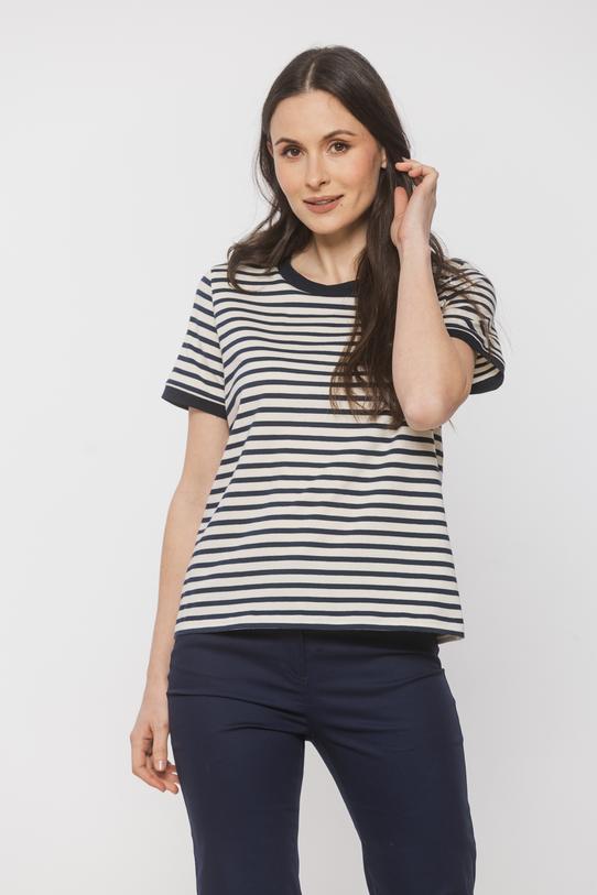 Prosty dzianinowy t-shirt w granatowe paski - 2
